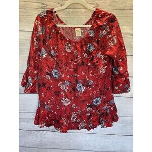 Faded Glory Medium Red Floral 3/4 Sleeve 100% Rayon Blouse